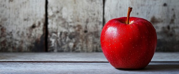 Wall Mural - A single red apple with water drops on the surface is placed on a wooden table.