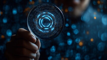 Wall Mural - A hand holding a magnifying glass with a glowing blue circle of data and code in the center, with a blurred background of blue and orange bokeh.