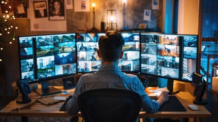 A young adult editing photos on a computer with multiple screens