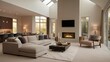 © Tri - modern living room with high ceilings, a cozy atmosphere, and a fireplace.