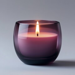 Purple candle glowing softly in a glass holder against a neutral background