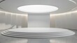 © F - A clean, white, circular technology-themed e-commerce product display space, featuring a modern and futuristic design ideal for showcasing products