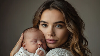 Young beautiful woman with long hair tenderly hugging her newborn baby on gray background