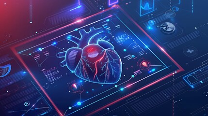 Wall Mural - A digital illustration of a beating human heart displayed on a futuristic screen with glowing blue and red lines, data and interface elements.