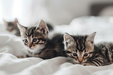 A group of cute kittens playing on a white bed