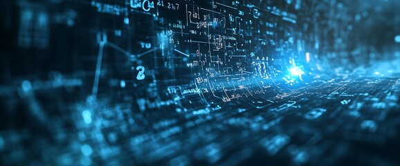 Abstract digital background with glowing blue lines and data on a black background.