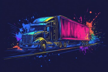 Wall Mural - A colorful illustration of a semi-truck on a road with a paint splatter background.