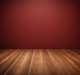 Fototapete - red wall and wooden floor in empty room