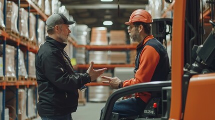 A supervisor giving instructions to an electric forklift operator in a manufacturing plant