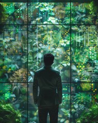 A business professional standing in front of a digital screen showing global sustainability data and green energy trends, with integrated plant decor adding a touch of nature to th