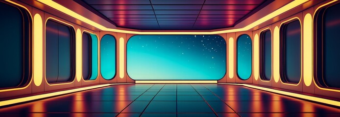 futuristic corridor with bright blue sky and stars