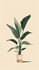 Wall Mural - A green potted plant with a long stem and multiple leaves against a beige background.