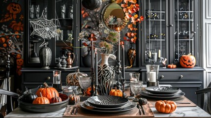 A dining room set up with a Halloween-themed table and decorations.