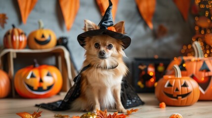 Wall Mural - A dog dressed as a witch with a tiny hat and cape, surrounded by Halloween decorations.