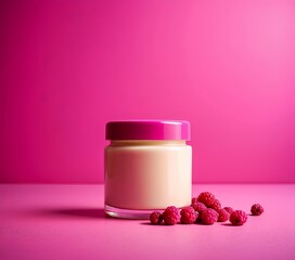 Poster - jar cream and rasberries on pink background