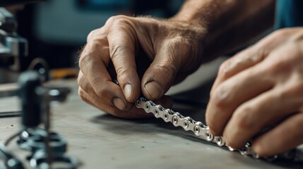 Wall Mural - A close-up of hands demonstrating how to put on a bicycle chain.