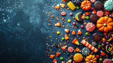 Wall Mural - A festive background with a pile of colorful Halloween candies.