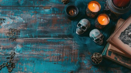 A flat lay of Halloween-themed books, lit candles, and decorative skulls, placed on an aged wooden surface.