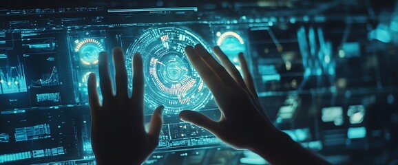 Wall Mural - Close-up of hands interacting with a futuristic digital interface, glowing blue.