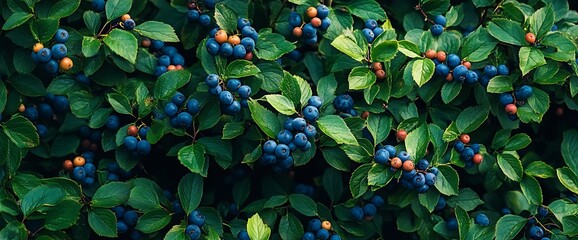 Wall Mural - Close-up of lush green leaves and ripe blueberries on a bush.