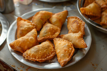 Wall Mural - fried samosa on plate, local homemade traditional dinner, selective focus