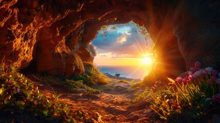 Wall Mural - Resurrection at Sunrise: Illuminated Entrance to Empty Tomb, Symbolizing Hope and Renewal