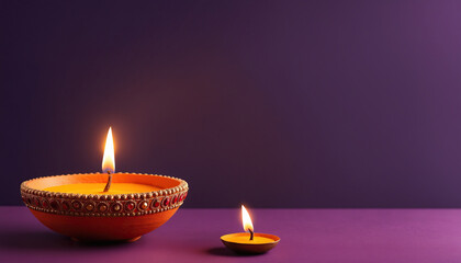 vibrant purple background with two lit traditional earthen diya lamps for diwali celebration hindu culture india copy space for text