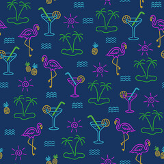 Retro light bulb tropical cocktails flamingos raster pattern