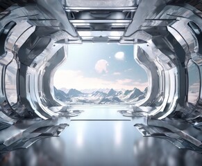 Poster - futuristic spaceship with view the mountains