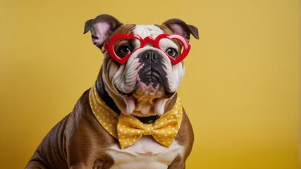 Dog in stylish sunglasses on a plain background. Space for text