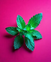 Poster - green leaf on pink background