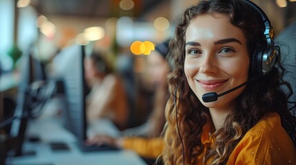 Wall Mural - Female Customer Support Representative Assisting Clients via Headset in Call Center