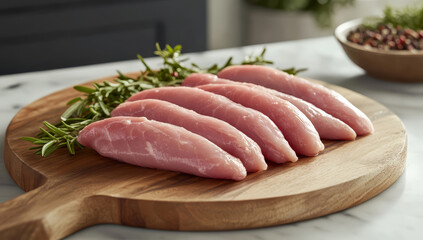 Raw chicken meat on a wooden board