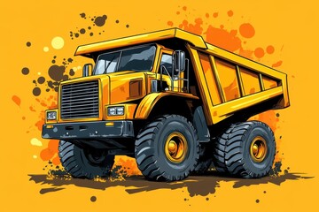 A yellow dump truck with large wheels and a black grille against a bright yellow and brown splattered background.