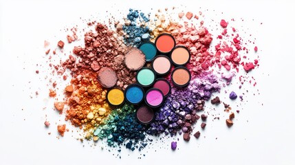 Wall Mural - Various colorful eyeshadow palettes and crushed makeup powder scattered artistically on a white background, displaying a vibrant array of cosmetic hues and textures.