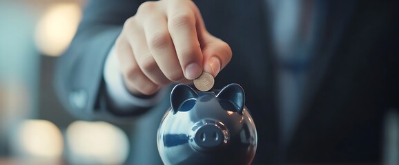 A man's hand puts a coin into a blue piggy bank.