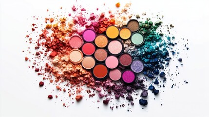 Wall Mural - An array of colorful, crushed eyeshadows scattered around intact counterparts, displaying a vibrant palette against a white background, symbolizing beauty, creativity, and chaos in makeup artistry.