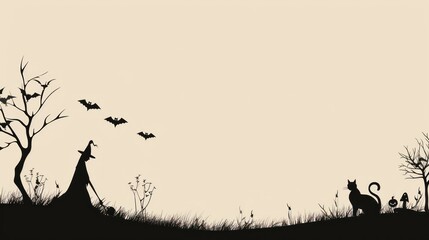 Canvas Print - A minimalist Halloween border featuring elegant silhouettes of witches and cats.