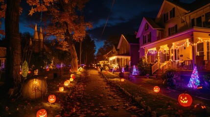 Sticker - A night view of a neighborhood fully lit with Halloween lights and decorations.