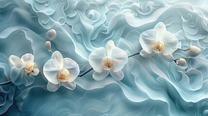 Wall Mural - Orchid theme, high-definition wallpaper, jade material, auspicious clouds, watercolor, jade carving craftsmanship, light blue and white tones, light background color