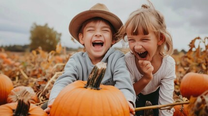 a pumpkin patch with kids picking out pumpkins and laughing.
