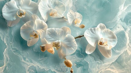 Orchid theme, high-definition wallpaper, jade material, auspicious clouds, watercolor, jade carving craftsmanship, light blue and white tones, light background color