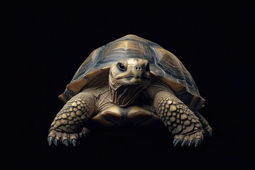 Photo of a tortoise isolated against a black background, emphasising the tortoise's majestic features. Wildlife and conservation concept, space for copy.