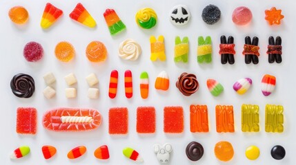 Wall Mural - A variety of Halloween candies laid out in a flat lay on a white background.