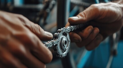 Wall Mural - A close-up of hands demonstrating how to put on a bicycle chain.