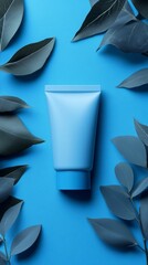 Wall Mural - A tube of blue makeup is placed on a blue background with leaves