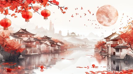 Watercolor painting of an Asian village with red lanterns, a full moon, and a river.