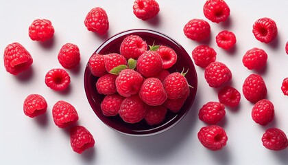 raspberries on white wooden table seen from above