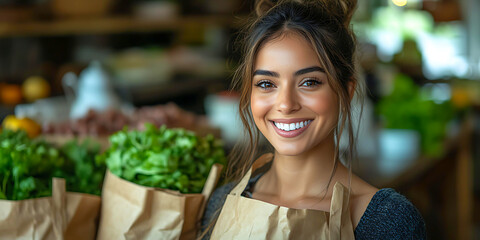 A smiling woman holding bags of fresh vegetables in a grocery store setting ideal for use in advertisements for fresh produce, healthy living, organic markets, and grocery shopping promotions,