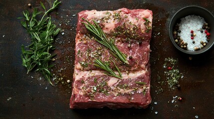 A fresh slab of meat seasoned with herbs and spices, ready for cooking, displayed on a rustic surface.